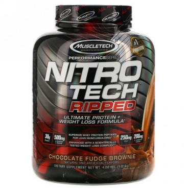 Muscletech, Nitro-Tech（ニトロテック）リップド、究極のタンパク質＋減量成分、チョコレートファッジ ブラウニー、1.81kg（4ポンド）
