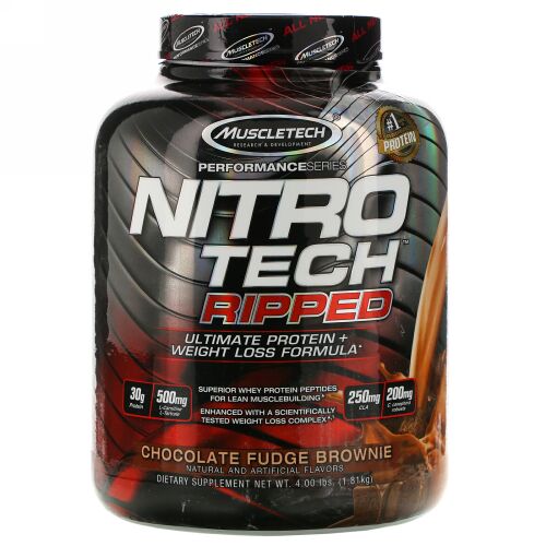 Muscletech, Nitro-Tech（ニトロテック）リップド、究極のタンパク質＋減量成分、チョコレートファッジ ブラウニー、1.81kg（4ポンド）