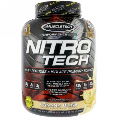 Muscletech, ニトロテック、ホエイペプチド&アイソレートの基本サプリ、バナナブリス、1.81kg（4 lb） (Discontinued Item)