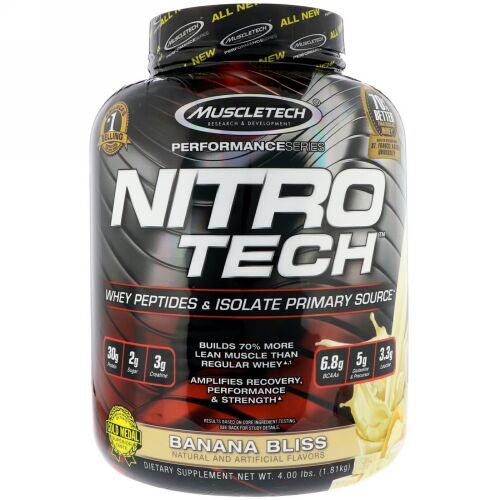 Muscletech, ニトロテック、ホエイペプチド&アイソレートの基本サプリ、バナナブリス、1.81kg（4 lb） (Discontinued Item)