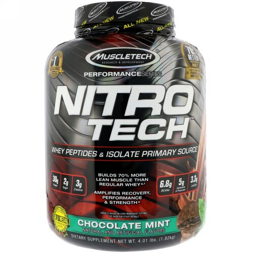 Muscletech, ニトロテック・ホエイペプチド＆アイソレートの主要供給源、チョコレートミント風味、1.82 kg（4パウンド） (Discontinued Item)