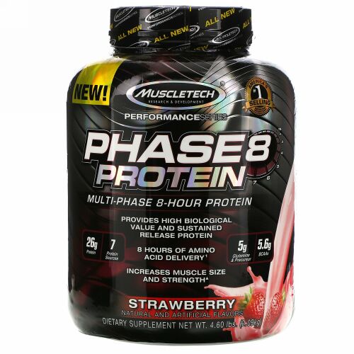 Muscletech, パフォーマンスシリーズ、Phase8（フェーズ8）、マルチフェーズ8時間放出プロテイン、ストロベリー、2.09kg（4.60ポンド）