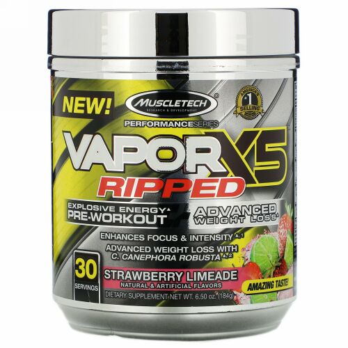 Muscletech, パフォーマンスシリーズ、VaporX5（ヴェイパーX5）リップド、ストロベリーライムエード、184g（6.50オンス）