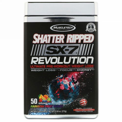 Muscletech, Shatter Ripped SX-7 Revolution Ultimate Pre-Workout/ Weight Loss, Rainbow Fruit Burst, 9.59 oz (272 g) (Discontinued Item)