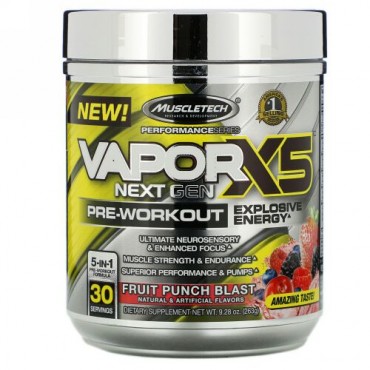 Muscletech, VaporX5（ヴェイパーX5）、ネクストジェン、プレワークアウト、フルーツパンチブラスト、263g（9.28オンス）