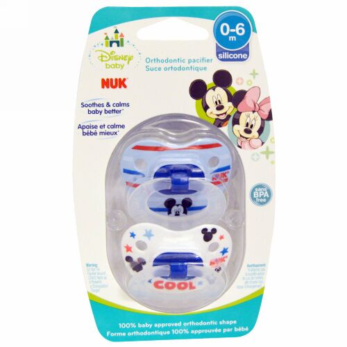 NUK, Disney Baby、Mickey Mouse Orthodontic Pacifier、0-6ヶ月、おしゃぶり2個入り (Discontinued Item)