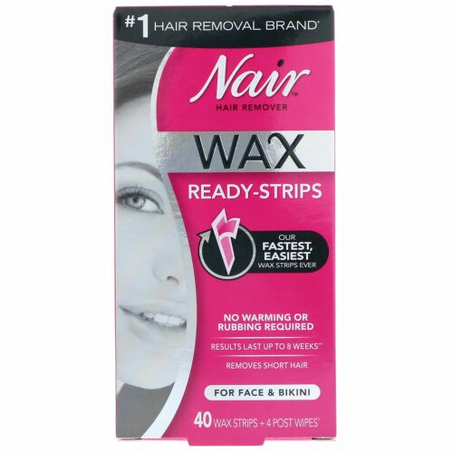 Nair, ヘアーリムーバー、ワックス脱毛テープ、フェイス＆ビキニ用、ワックステープ40枚 + 脱毛後の拭き取りシート4枚