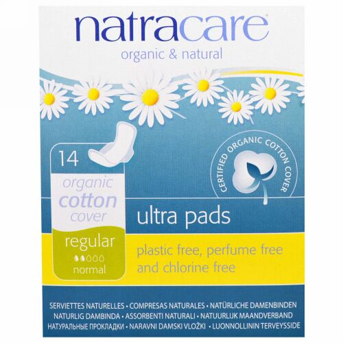 Natracare, ウルトラパッド、オーガニック綿カバー、レギュラー、ノーマル、14個