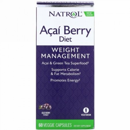 Natrol, アサイーベリーダイエット、アサイー＆緑茶スーパーフード、植物性カプセル60粒