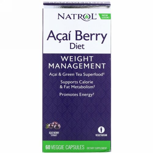 Natrol, アサイーベリーダイエット、アサイー＆緑茶スーパーフード、植物性カプセル60粒