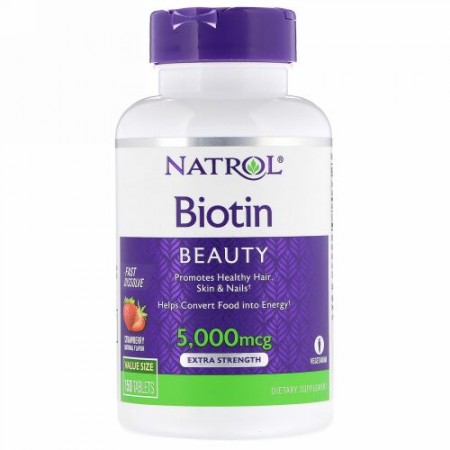 Natrol, ビオチン、エクストラストレングス、イチゴ、5,000mcg、タブレット150粒 (Discontinued Item)