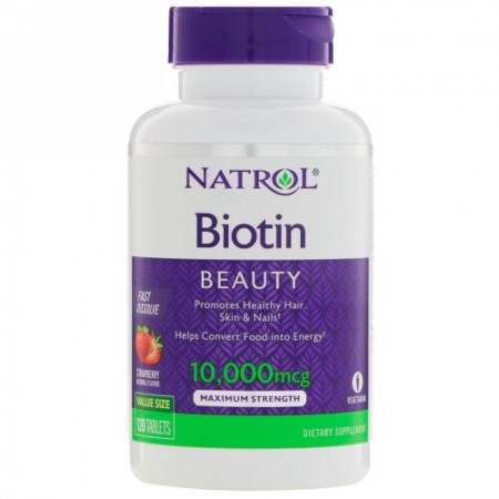 Natrol, ビオチン、即溶性、ストロベリー味、10,000 mcg、120錠 (Discontinued Item)