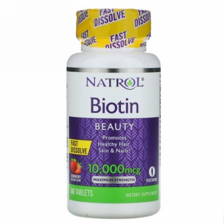 Natrol, ビオチン、最大強度、ストロベリー、10,000 mcg、60錠