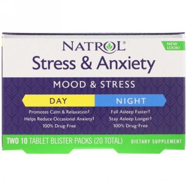 Natrol, Stress & Anxiety, Day & Night, Two 10 Tablet Blister Packs (20 Total) (Discontinued Item)