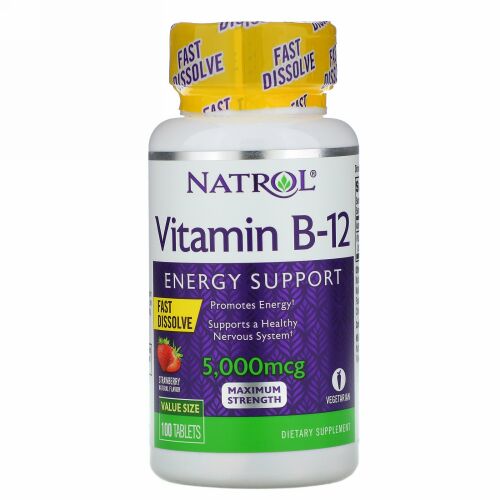 Natrol, ビタミンB-12、速溶性、最大強度、イチゴ、5,000 mcg、100錠