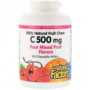 Natural Factors, 100% Natural Fruit Chew Vitamin C, Four Mixed Fruit Flavors, 500 mg, 180 Chewable Wafers