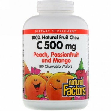 Natural Factors, 100% Natural Fruit Chew Vitamin C, Peach, Passionfruit and Mango, 500 mg, 180 Chewable Wafers