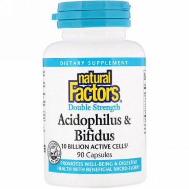 Natural Factors, 乳酸菌 & ビフィズス菌、ダブル・ストレングス、100億個の活性細胞、90カプセル