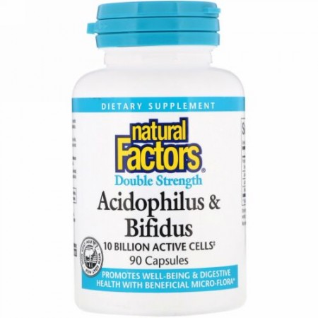 Natural Factors, 乳酸菌 & ビフィズス菌、ダブル・ストレングス、100億個の活性細胞、90カプセル