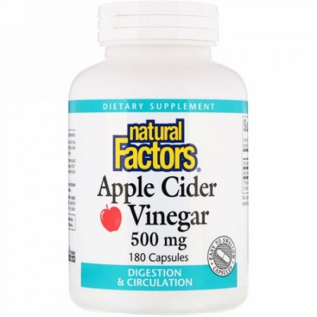 Natural Factors, アップルサイダービネガー／ヴィネガー（リンゴ酢）, 500 mg, 180カプセル