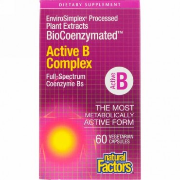 Natural Factors, バイオコエンザイメイティッド、アクティブBコンプレックス、植物性カプセル60粒