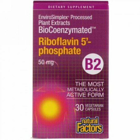 Natural Factors, バイオコエンザイメイテッド、B2、リボフラビン-5-リン酸、50mg、植物性カプセル30粒