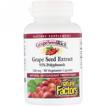 Natural Factors, グレープシードリッチ, グレープシード エキス, 100 mg, 90 ベジカプセル