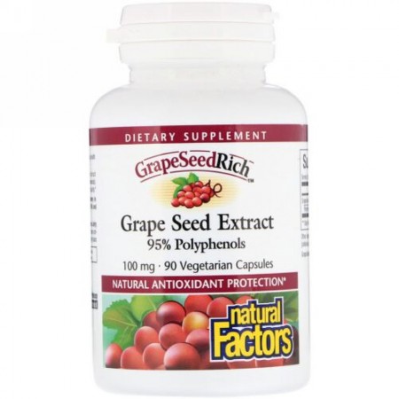 Natural Factors, グレープシードリッチ, グレープシード エキス, 100 mg, 90 ベジカプセル