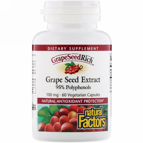 Natural Factors, グレープシードエキス、ポリフェノール95％、100 mg、60ベジタリアンカプセル