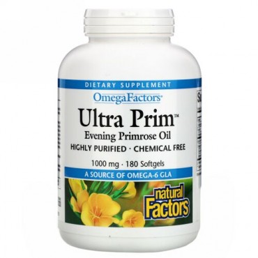 Natural Factors, オメガファクターズ、ウルトラプリム、月見草油、1000mg、ソフトジェル 180粒