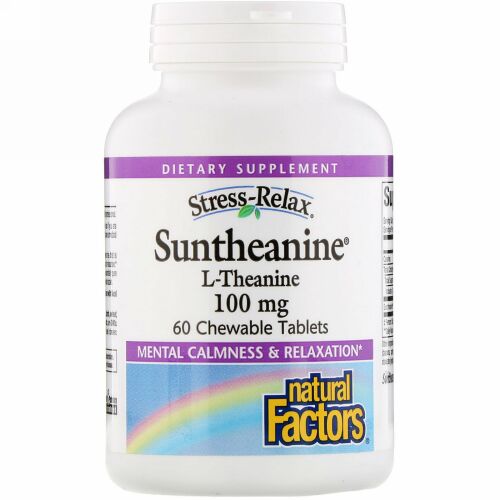 Natural Factors, Stress-Relax（ストレスリラックス）、サンテアニン、L-テアニン、100mg、植物性カプセル チュアブルタブレット60粒