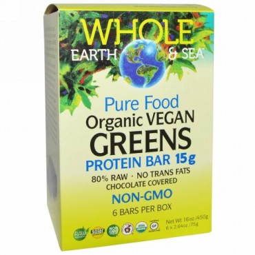 Natural Factors, Whole Earth & Sea（ホールアース＆シー）、ピュアフードオーガニックビーガングリーンズプロテインバー、チョコレートコーティング、6本入、各75g（2.64oz） (Discontinued Item)