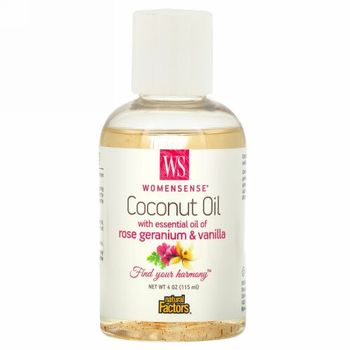 Natural Factors, WomenSense、ローズゼラニウムとバニラのエッセンシャルオイル配合ココナッツオイル、4オンス (115 ml)