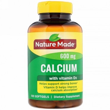 Nature Made, ビタミンD3入りカルシウム、600 mg、ソフトジェル100錠