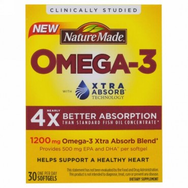 Nature Made, オメガ-3, エクストラアブソーブ、1200 mg、30ソフトジェル (Discontinued Item)