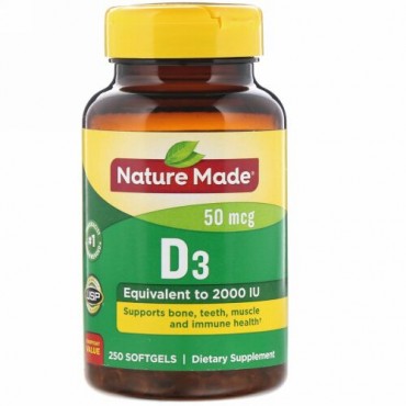 Nature Made, ビタミンD3、50 mcg、ソフトジェル250錠