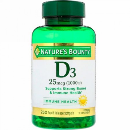 Nature's Bounty, D3、25 mcg （1000 IU）、速放性ソフトジェル250粒