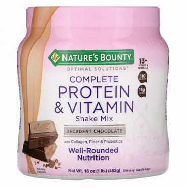 Nature's Bounty, オプティマルソリューション、総合ビタミンタンパク質とビタミンシェイクミックス、デカダントチョコレート、453g（16oz）