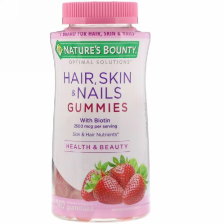 Nature's Bounty, Optimal Solutions（オプティマルソリューション）、髪・肌・爪、イチゴ風味、2,500mcg、グミ140粒