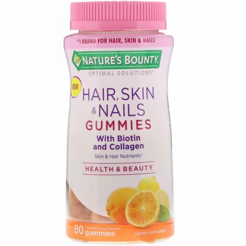 Nature's Bounty, オプティマル・ソリューション、ビオチンとコラーゲン配合、髪、肌、ネイル、トロピカルシトラス味、グミ80個