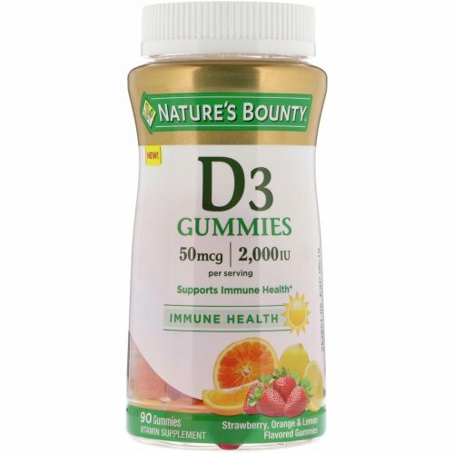 Nature's Bounty, Vitamin D3 Gummies,  Strawberry, Orange & Lemon Flavored, 50 mcg, (2,000 IU), 90 Gummies