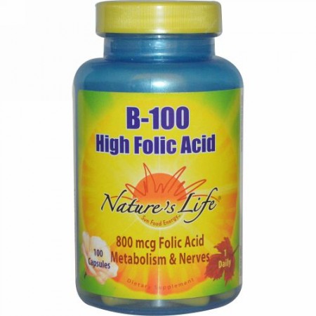 Nature's Life, B-100、 高度な葉酸、 100カプセル (Discontinued Item)