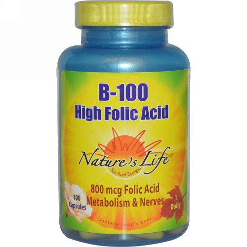Nature's Life, B-100、 高度な葉酸、 100カプセル (Discontinued Item)