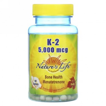 Nature's Life, K-2、 メナテトレノン、 5,000 mcg、タブレット60錠