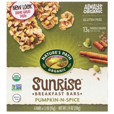 Nature's Path, Organic, Sunrise Breakfast Bars, Pumpkin-N-Spice, 6 Bars, 1.2 oz (35 g) Each