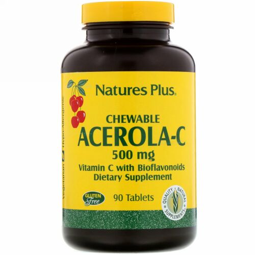 Nature's Plus, チュアブルアセロラC、バイオフラボノイド配合ビタミンC、500mg、90粒