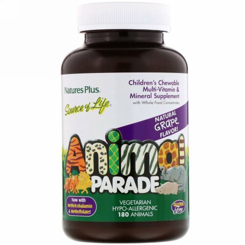 Nature's Plus, チルドレンズ・チュワブル・マルチビタミン & ミネラルサプリメント, ナチュラル・グレープ味, 動物形 180個