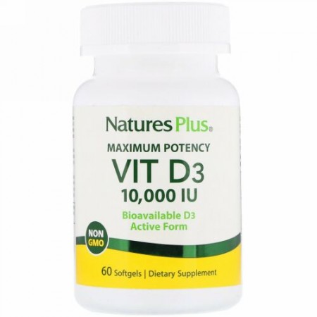 Nature's Plus, 最大効力、Vit D3、10,000 IU、ソフトジェル60個