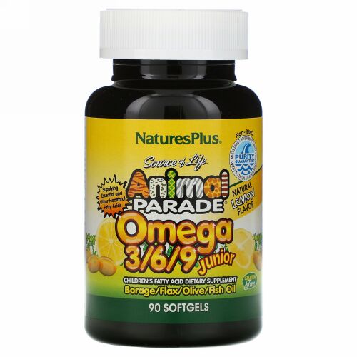 Nature's Plus, ソースオブライフ, アニマルパレード, Omega 3/6/9 Junior, 天然レモン風味, 90ソフトゼリー
