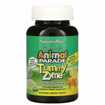Nature's Plus, Source of Life（ソースオブライフ）、Animal Parade（アニマルパレード）、生きた酵素を使用したTummy Zyme（タミーザイム）、自然食品とプロバイオティクス、天然トロピカルフルーツ風味、動物型タブレット90粒